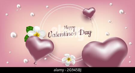 Happe Valentine's Day. Vector banner with pink air balloons in the shape of a heart, flower frangipani and pearls. Place for text, frame. Realistic il Stock Vector