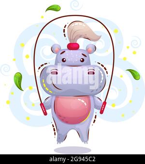 Cute girl hippo is engaged in sports and jumps on a rope. Vector flat illustration for children in the style of cartoon Stock Vector