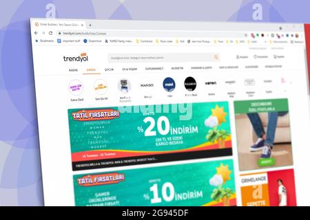 Istanbul, Turkey - July 2021: Illustrative Editorial screenshot of Turkish Trendyol e-commerce website homepage. Trendyol logo visible with blurred ou Stock Photo