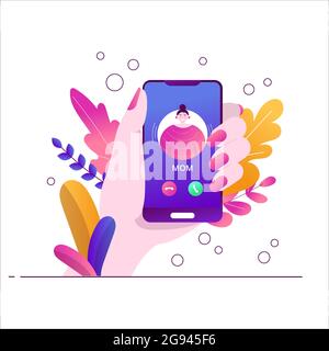 Mom's on the phone. Incoming call on the smratphone. The hand holds the phone. Flat trend botanical illustration with leaves on a white background. Stock Vector