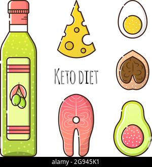 Vector set of products for keto diet. Olive oil, fish salmon, walnut, avocado, egg and cheese. Isolated objects icons on a white background. Linear st Stock Vector