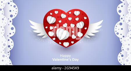 Happe Valentine's Day. Vector sweet and cute purple background with paper cut red hearts with wings Background for wedding site and invation Stock Vector