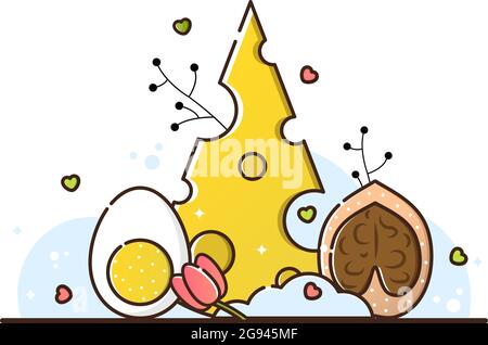 Vector illustration of keto diet on a white background. Cheese, Egg and Walnut. Useful products for weight loss, cooking. The menu for the restaurant Stock Vector