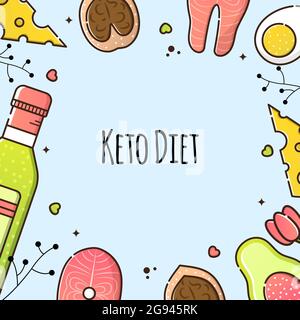 Vector illustration of keto diet on a blue background. Olive oil, salmon steak and avocado. Useful products for weight loss, cooking. Post template fo Stock Vector