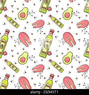 Vector color seamless keto diet pattern in linear style. Healthy lifestyle and balanced foods. Olive oil, salmon fish and avocado on a white backgroun Stock Vector