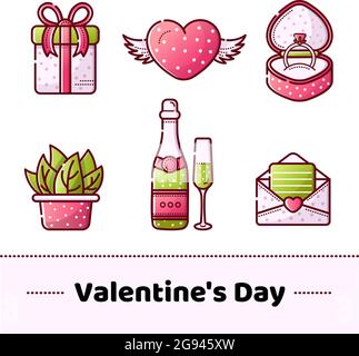 Vector set of icons for Valentine's Day. Gift box, heart with wings, box with wedding ring, champagne with glasses, letter in an envelope, a plant in Stock Vector