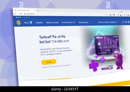 Istanbul, Turkey - July 2021: Illustrative Editorial screenshot of Turkish Turkcell mobile communications company homepage. Turkcell logo visible with Stock Photo