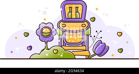 Vector illustration with baby accessories. Highchair for children with a table for plates and bottles. Rattle toy. Birth of a boy or girl child. Linea Stock Vector