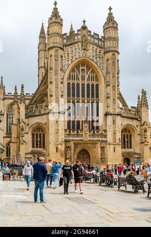 BATH, UK - JUNE 27, 2021: View of Bath Abbey. Founded in the 7th century it became a religious centre. Stock Photo