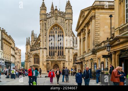 BATH, UK - JUNE 27, 2021: View of Bath Abbey. Founded in the 7th century it became a religious centre. Stock Photo