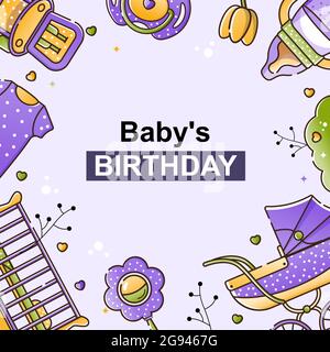 Vector set of baby accessories for the newborn. Crib, chair, stroller, bottle, toy and clothes in a linear style. Background for invitation, metrics, Stock Vector
