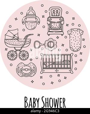Vector set of baby accessories for the newborn. Crib, chair, stroller, bottle, toy and clothes in a linear style. Isolated objects on a white backgrou Stock Vector