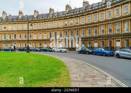 BATH, UK - JUNE 27, 2021: Designed by architect John Wood ,The Circus is a historic ring of large townhouses in the city of Bath, Somerset, Stock Photo