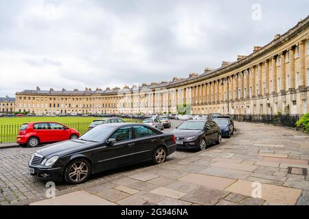 BATH, UK - JUNE 27, 2021: View of Royal Crescent in Bath, overlooking Royal Victoria Park Stock Photo