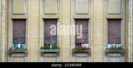 Detail of two windows with old wooden or metal shutters with flower ornamental decoration. Stock Photo
