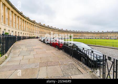 BATH, UK - JUNE 27, 2021: View of Royal Crescent in Bath, overlooking Royal Victoria Park Stock Photo