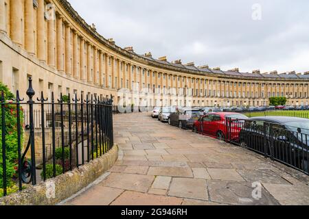 BATH, UK - JUNE 27, 2021: View of Royal Crescent in Bath, overlooking Royal Victoria Park Stock Photo