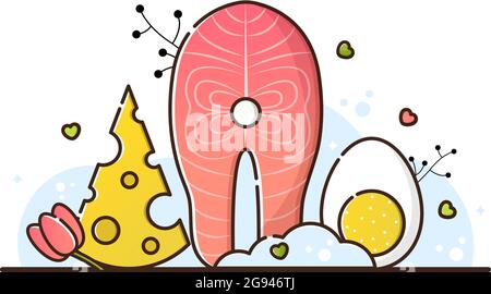 Vector illustration of keto diet on a white background. Cheese, salmon steak and egg. Useful products for weight loss, cooking. The menu for the resta Stock Vector