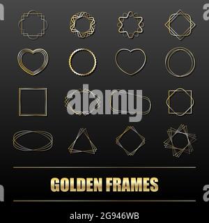 Big set of gold metal frames for banners, cards, invitations, weddings and holidays. Geometric shapes circle, heart, square, star. Vector isolated obj Stock Vector