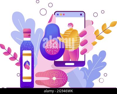 Blogger man talks about the keto diet and holds an avocado. Olive oil and salmon for cooking. Smartphone in hand. Vector flat illustration with botani Stock Vector