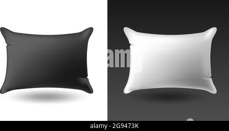 Set of white and black pillows. Realistic mock up soft square, comfortable pillow. Isolated vector object on a white and black background. Product for Stock Vector