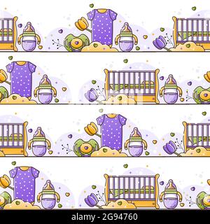 Vector seamless color pattern with baby accessories for newborn. Birth of a child, feeding and care. Use for backgrounds, wallpaper, wrapping paper, t Stock Vector