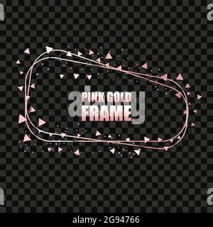 Rose gold metal realistic rectangular frame for text banner, card. Wedding invitation, birthday and celebration. Vector isolated object with sparkles Stock Vector