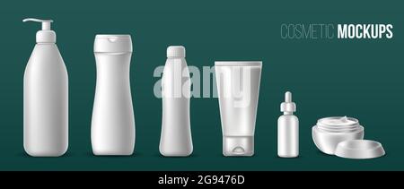 Set of White realistic empty tubes for toothpaste, cream, lotion, gel, paint. Vector isolated objects on a dark background. Mock up for banner, card, Stock Vector