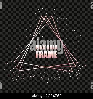Rose gold metal realistic triangular frame for text banner, card. Wedding invitation, birthday and celebration. Vector isolated object on a black back Stock Vector