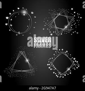 Set of vector silver frames. Round frame with a heart. Geometric shapes and metallic spangles. Stock Vector