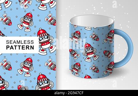 Seamless pattern of Panda kawaii santa. Mockup cup. Cute vector happy bear in christmas hat makes an angel in the snow. Print for wallpaper, wrapping Stock Vector