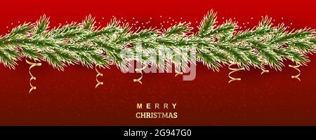 Xmas tree illustration. Snowy branches of spruce with gold serpentine. Vector background for banners, sites, invitations. Realistic border on a red ba Stock Vector
