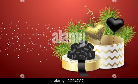 Christmas present with green branches of spruce. Packing box with gold and black heart shapes balloons a black bow. Vector red background for banners, Stock Vector