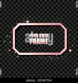 Rose gold metal realistic rectangular frame for text banner, card. Wedding invitation, birthday and celebration. Vector isolated object on a black bac Stock Vector