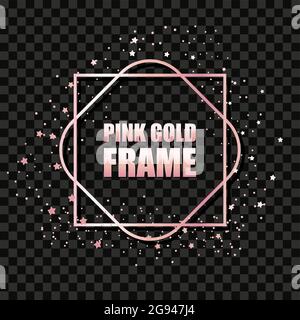 Rose gold metallic realistic square frame for text banner, card. Wedding invitation, birthday and celebration. Vector isolated object on a dark transp Stock Vector