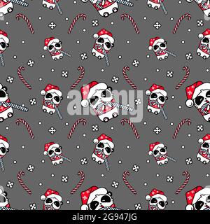 Pandas kawaii santa seamless pattern. Cute vector happy bear in christmas hat makes a snowman. Print for textile. wrapping paper, banner and card Stock Vector