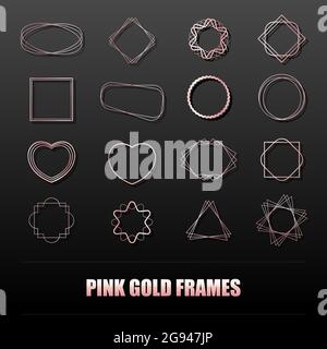 Big set of rose gold metal frames for banners, cards, invitations, weddings and holidays. Geometric shapes circle, heart, square, star. Vector isolate Stock Vector