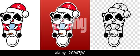 Panda kawaii santa set. Cute vector happy bear in christmas snowman hat. Linear style illustration on a white background. Sticker, print for coloring. Stock Vector