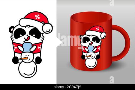 Panda kawaii santa mockup cup. Cute vector happy bear in christmas hat makes a snowman. Linear style illustration on a white background. Icon, sticker Stock Vector