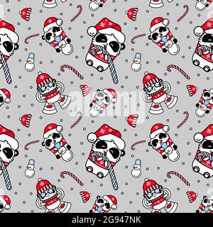 Pandas kawaii santa seamless pattern. Cute vector happy bear in a Christmas hat eats a lollipop. Linear style. Print for textile. wrapping paper, bann Stock Vector