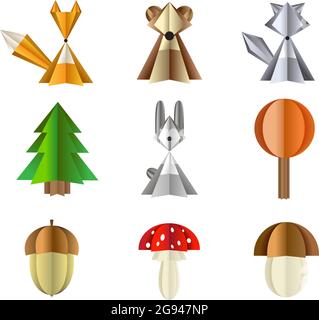 Forest wild animals and plants illustration. Vector set of isolated objects on a white background paper cut out. Icons of fox, wolf, bear and hare. Fo Stock Vector