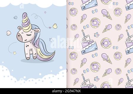 Little cute unicorn on a blue background with stars. Vector hand drawn illustration and seamless pattern Stock Vector