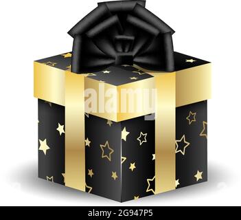 3D square packing box black with gold. Wrapping paper with stars. Vector isolated object. Present for christmas and new year. Black bow Stock Vector