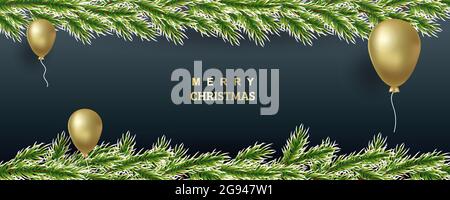 Xmas tree illustration. Snowy spruce branches with golden balloons. Vector background for banners, sites, invitations. Realistic border on a dark back Stock Vector