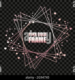 Rose gold metal realistic triangular round frame for text banner, card. Wedding invitation, birthday and celebration. Vector isolated object on a dark Stock Vector
