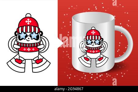 Panda kawaii santa mockup cup. Cute vector happy bear in christmas hat makes an angel in the snow. Linear style illustration on a white background. Ic Stock Vector