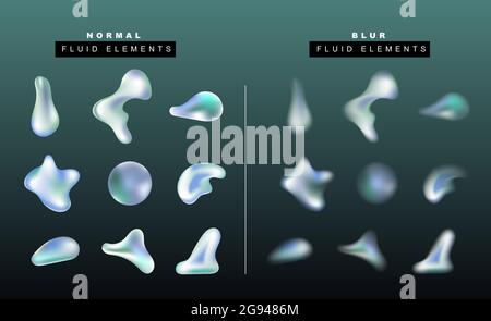 Vector set of realistic liquid drop. Fluid effect blurry shapes. Gradient sphere and bubbles. Isolated objects on a dark background for banners, poste Stock Vector