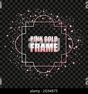 Rose gold metallic realistic square frame for text banner, card. Wedding invitation, birthday and celebration. Vector isolated object on a dark transp Stock Vector
