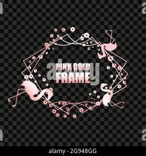 Rose gold metal realistic rectangular frame for text banner, card. Wedding invitation, birthday and celebration. Vector isolated object with shiny fla Stock Vector