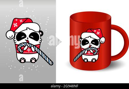 Panda kawaii santa mockup cup. Cute vector happy bear in christmas hat eats candy. Linear style illustration Stock Vector